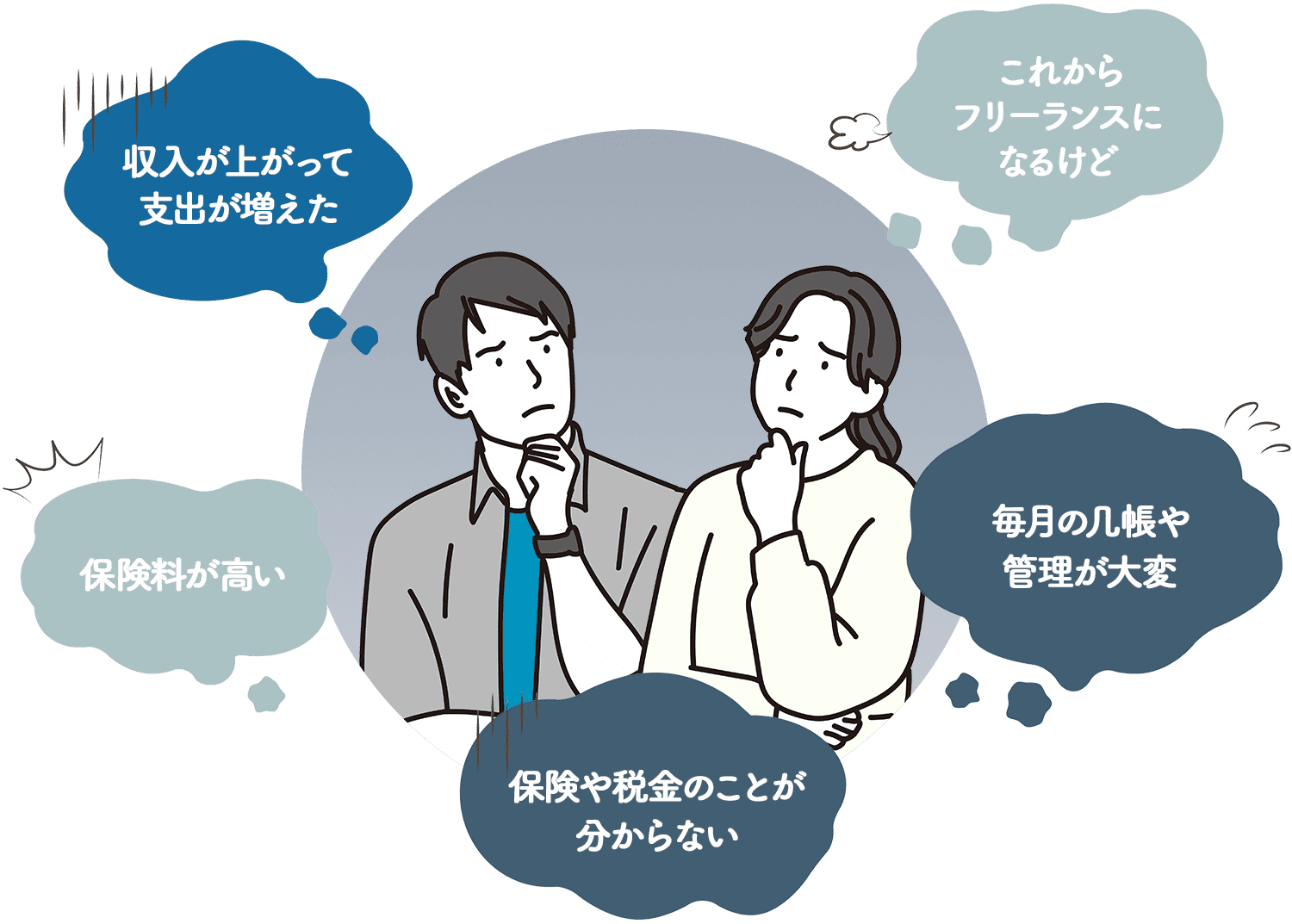 悩む男女のイラストとテキスト